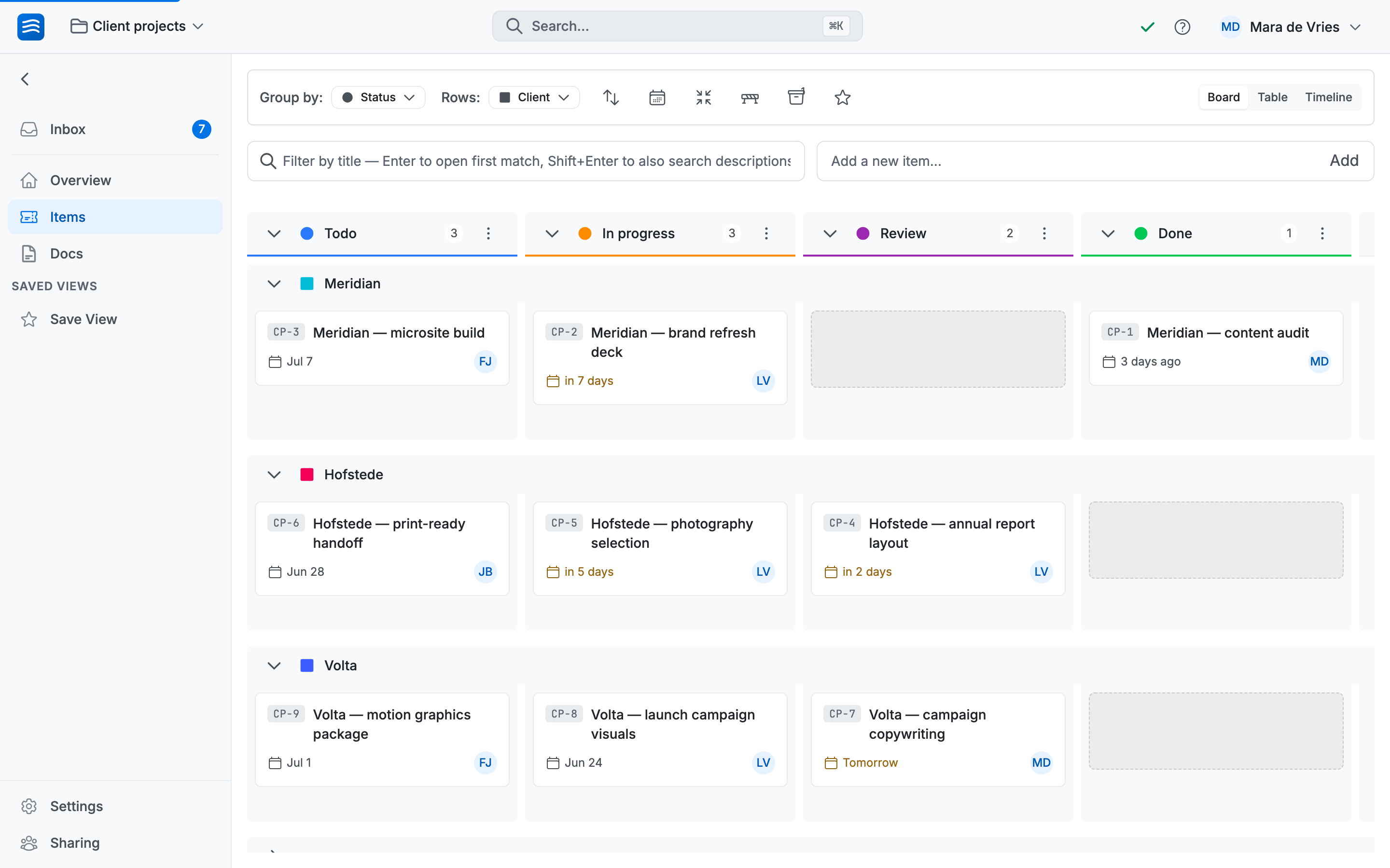 Un tableau groupé par Statut en colonnes et par Client en lignes