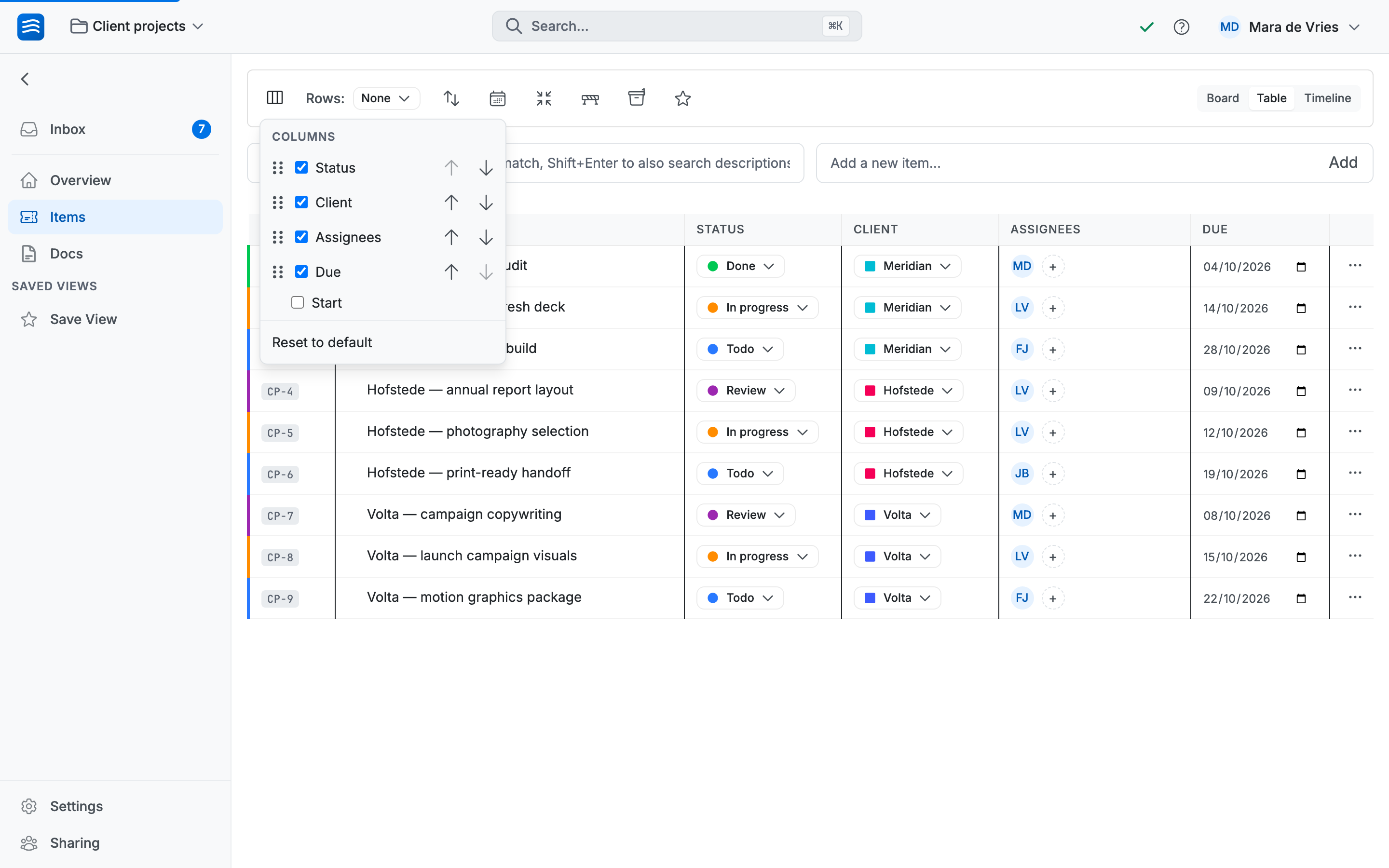 The Columns menu open over the table, with Client shown next to Status and Start hidden