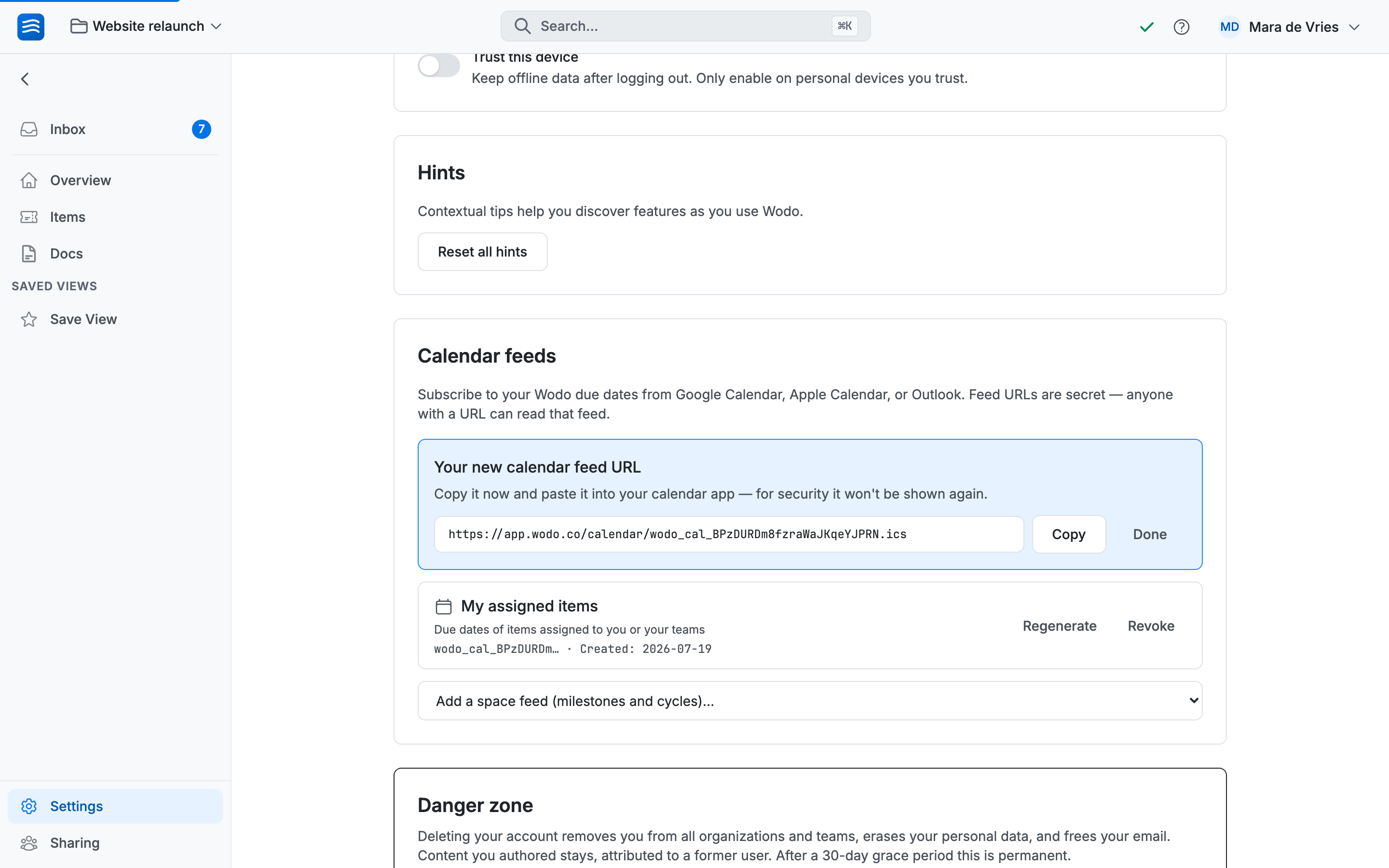 The Calendar feeds section on the Account page, showing a freshly generated feed URL with a Copy button, the personal feed row, and a picker for adding a space feed