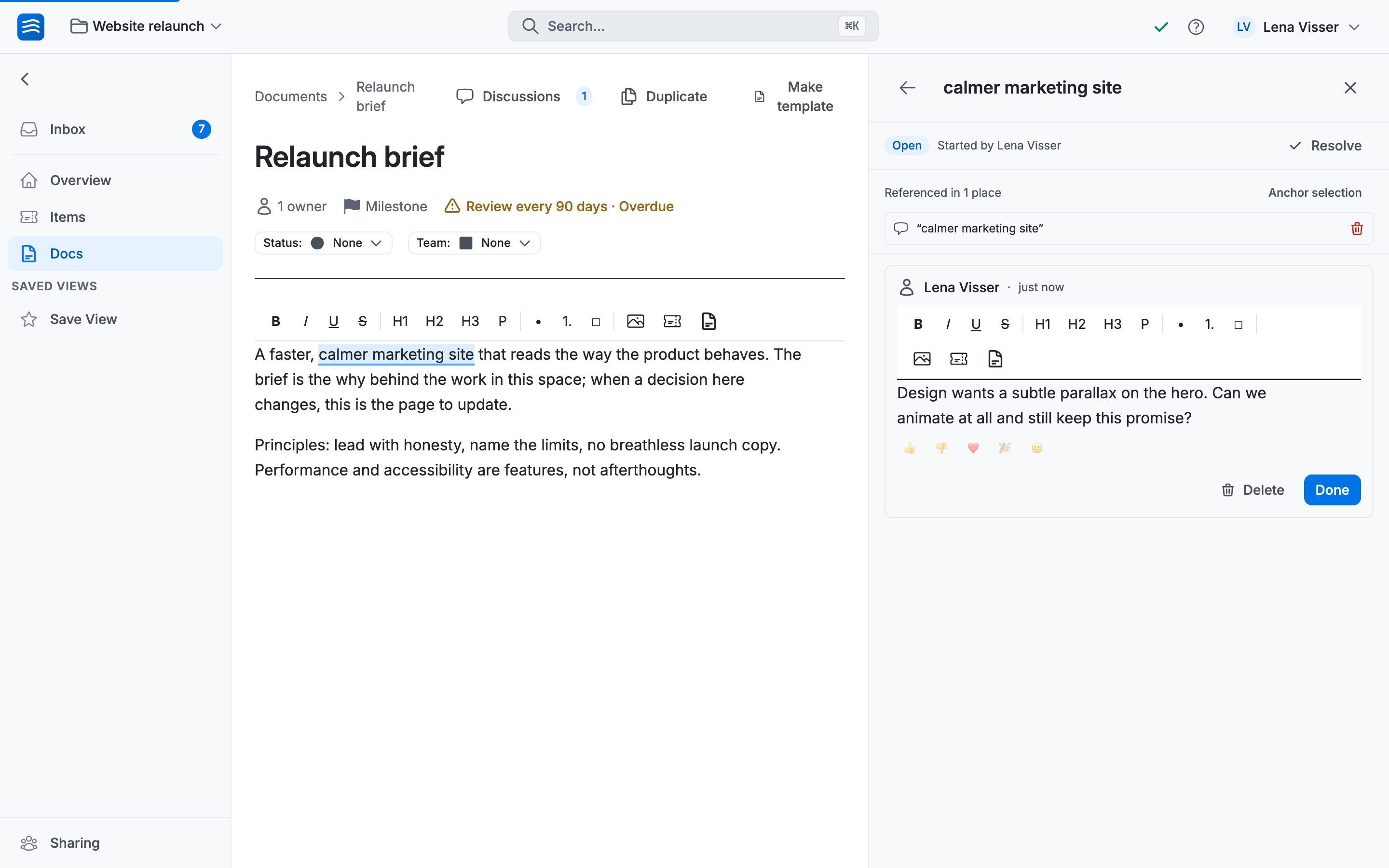 A fresh discussion beside a project brief: the selected passage is highlighted, its quote seeds the title, and the first message is being typed