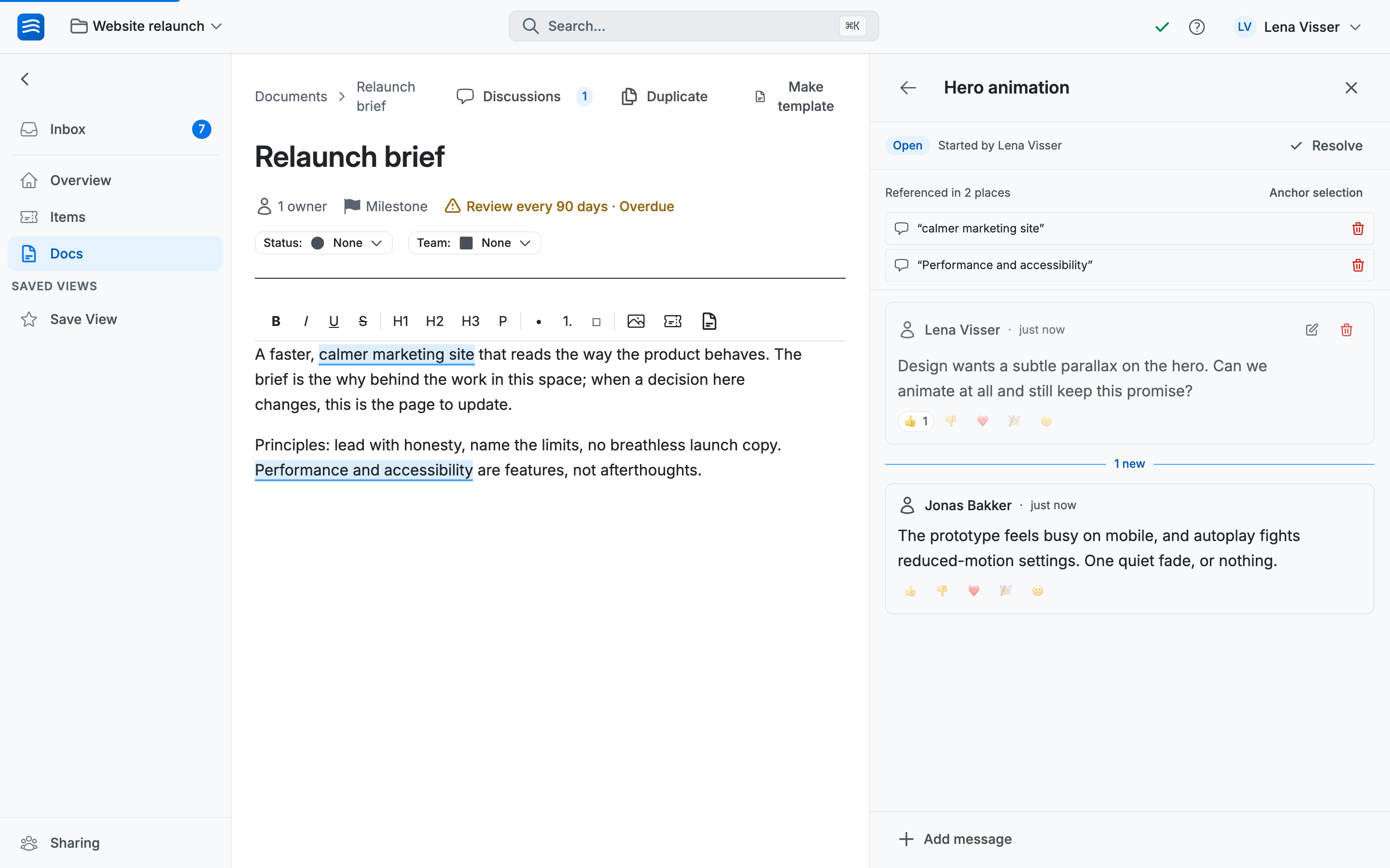 A discussion where a colleague's reply appears below a '1 new' divider marking where you stopped reading