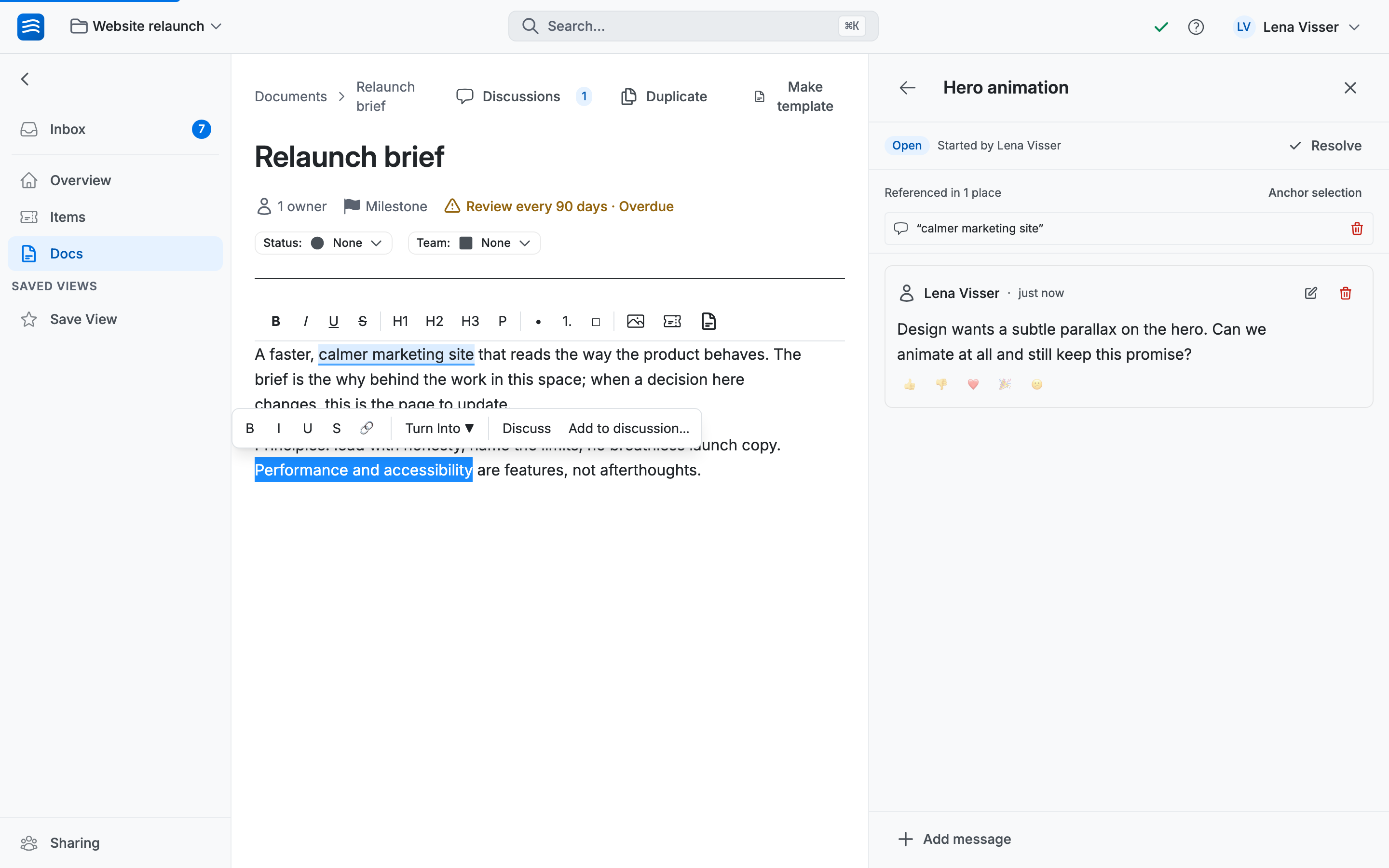 The selection menu floating above a highlighted passage in the brief, offering both Discuss and Add to discussion…