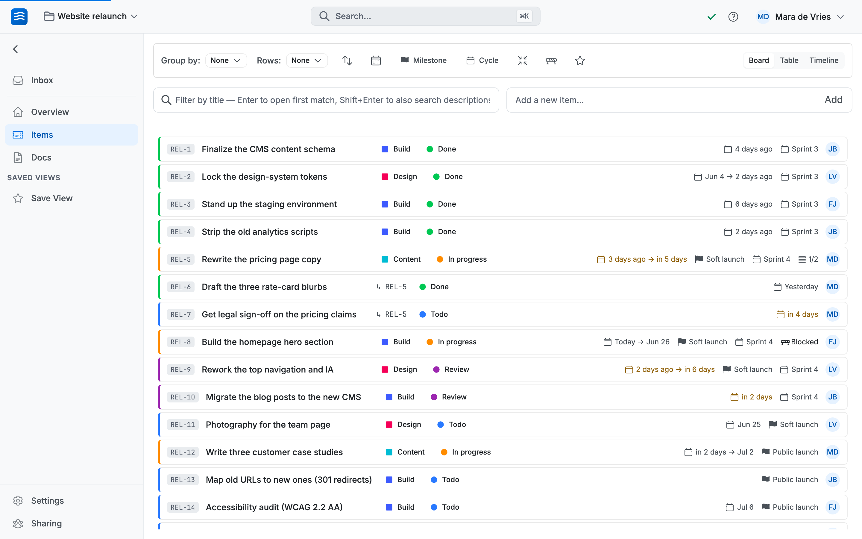 A fresh board with a handful of items in TODO, Doing, and Done columns
