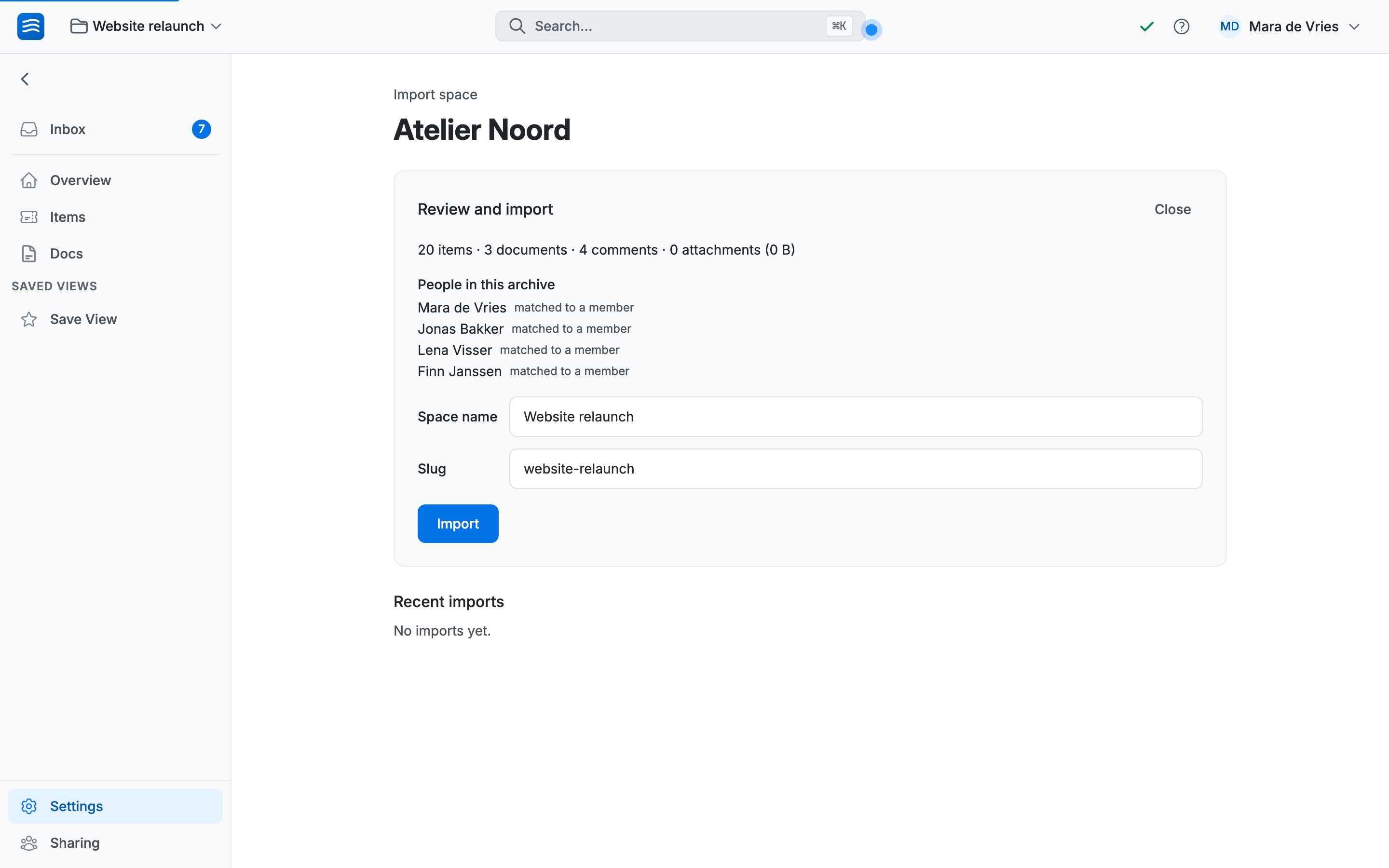 The import wizard's review step with content counts and a user mapping table