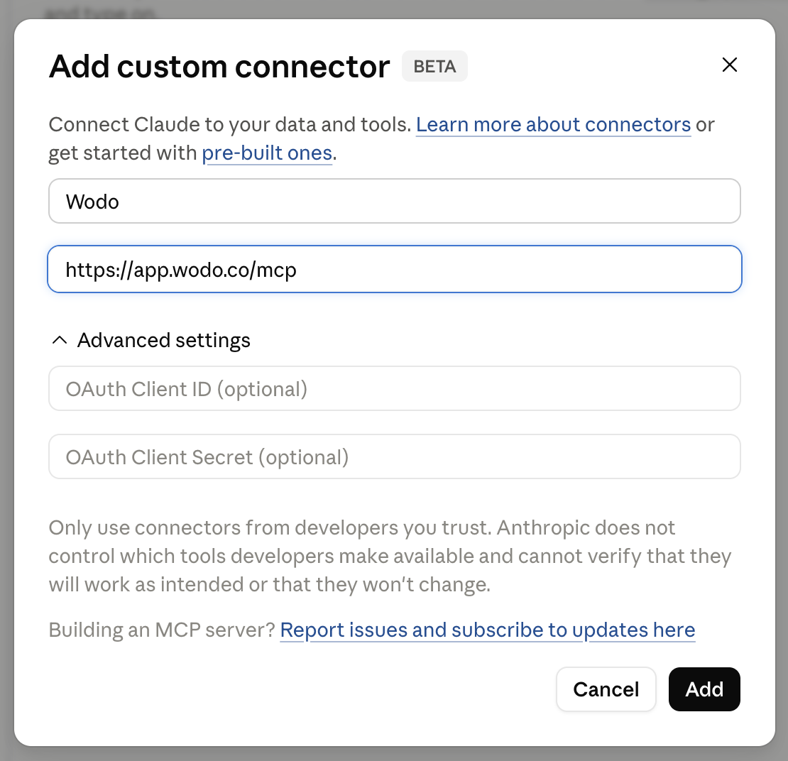 Der Dialog Add custom connector von Claude Desktop mit dem Namen Wodo und dem Wodo-MCP-Endpunkt
