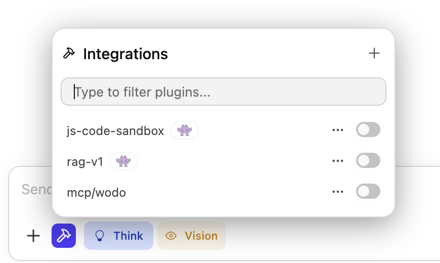 Das Integrationsmenü in einem LM-Studio-Chat mit dem Plugin mcp/wodo und seinem Schalter