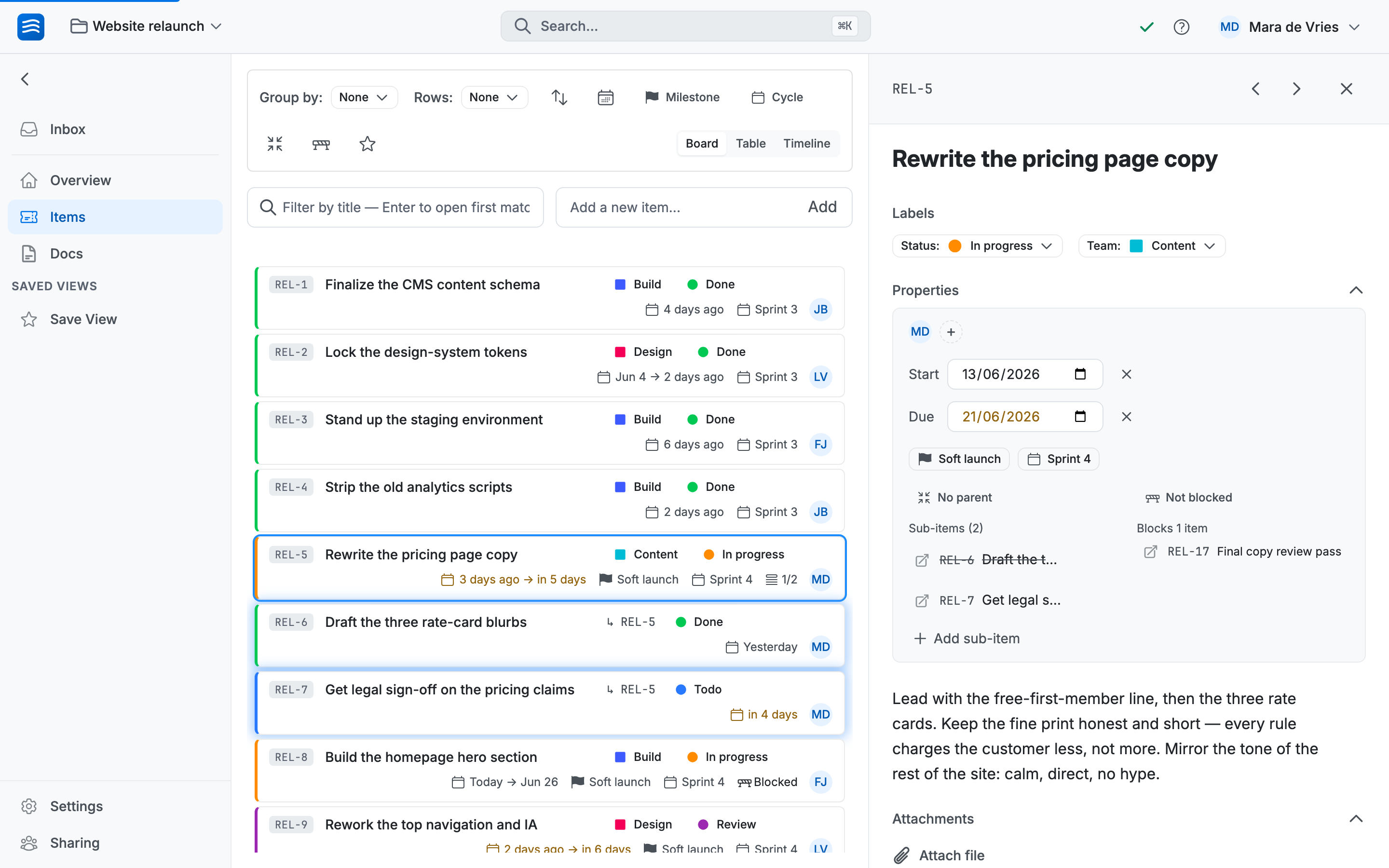 The item detail panel showing description, labels, assignees, dates, sub-items, and a comment