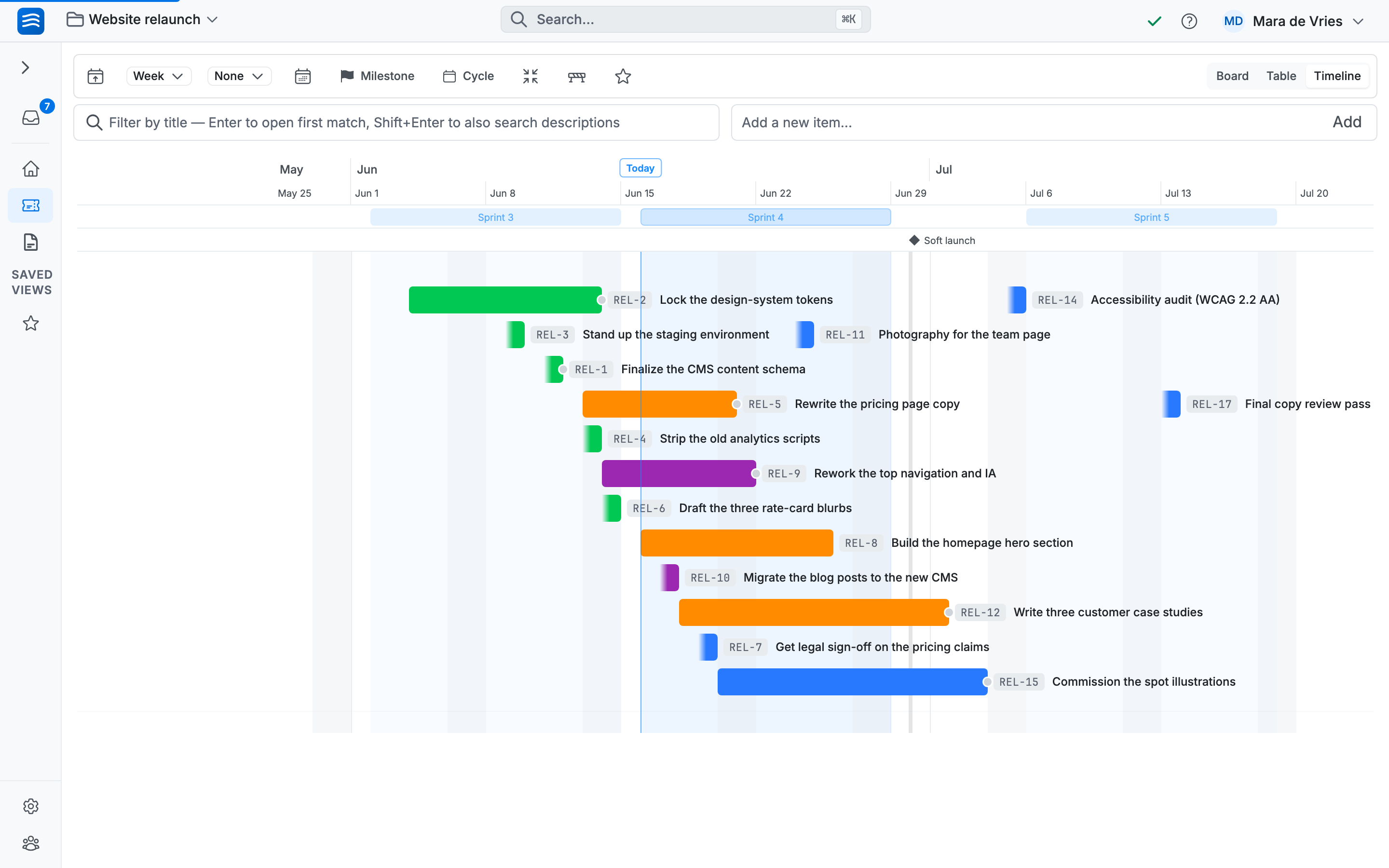 The same timeline in Compact mode, items packed into shared lanes