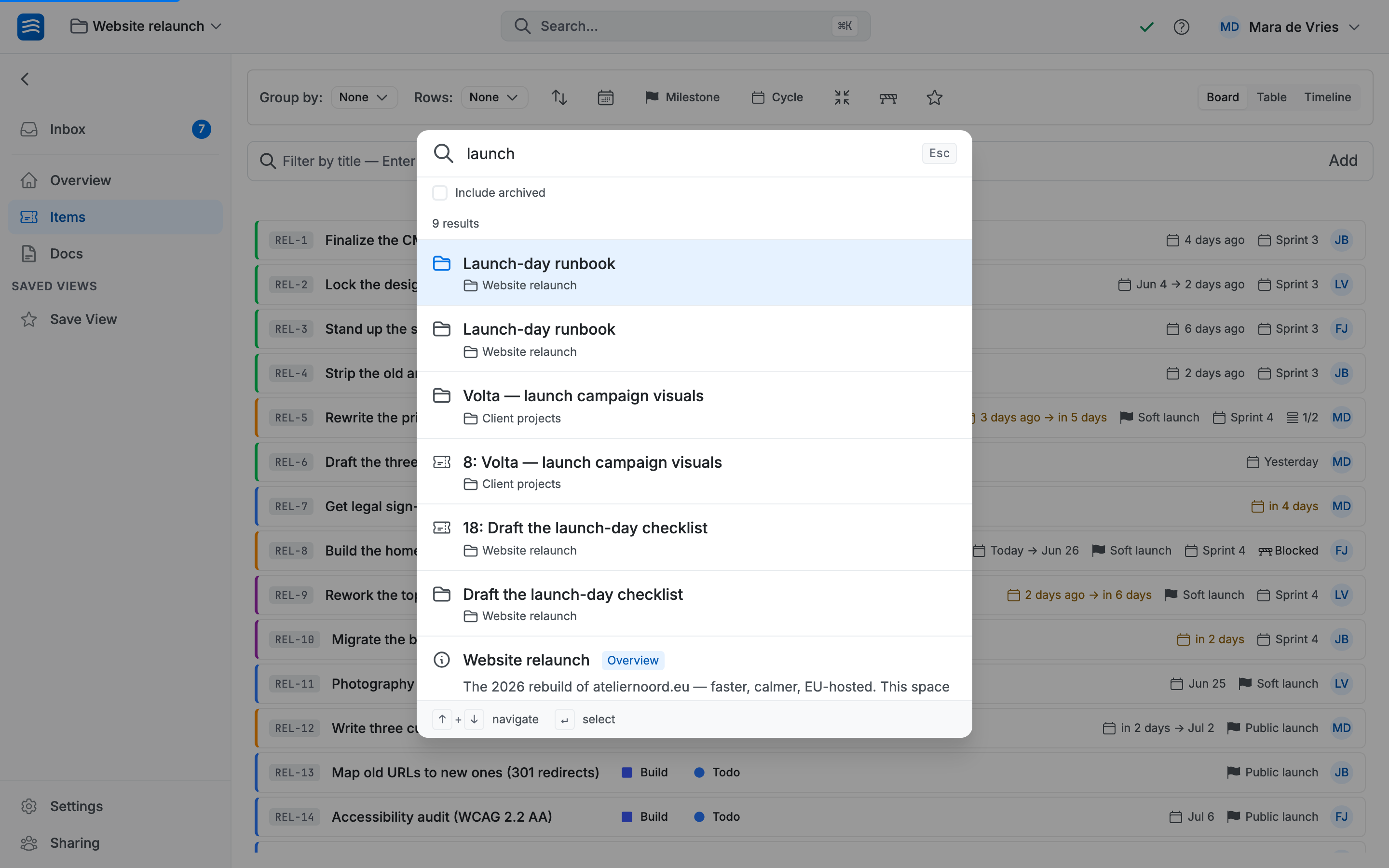 The organization-wide search modal with results from several spaces