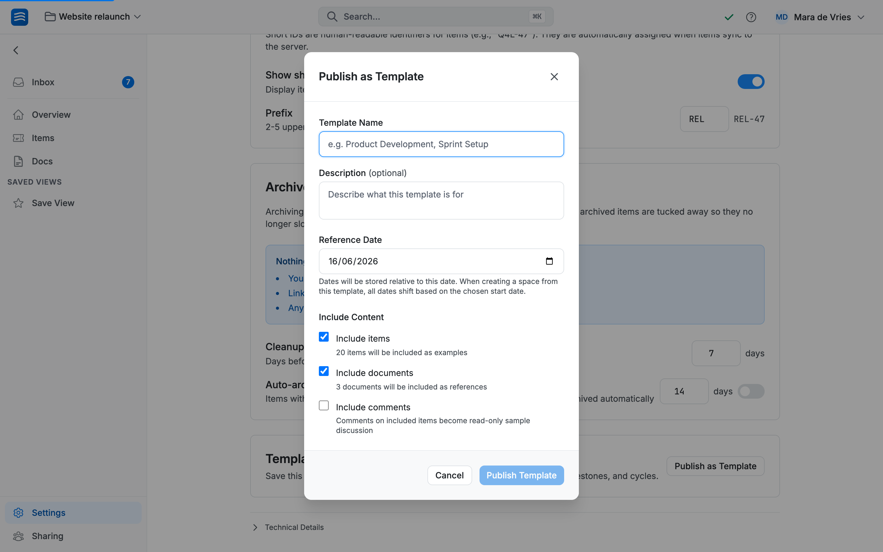 The Publish as Template dialog with name, reference date, and include toggles